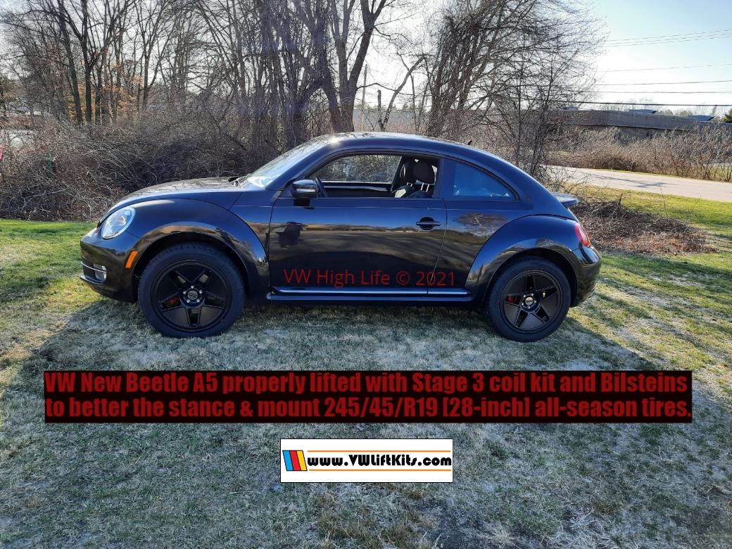 2013 VW New Beetle lifted properly with Stage 3 Coils and Bilsteins for 245/45/R19 (28-inch) all-season tires!